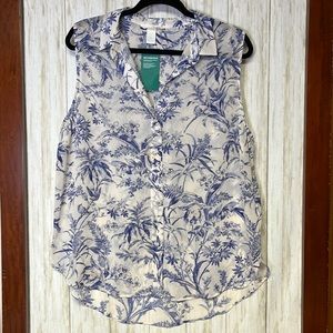 H&M Off White & Blue with Cream Accents Floral sheer Sleeveless Top size L New